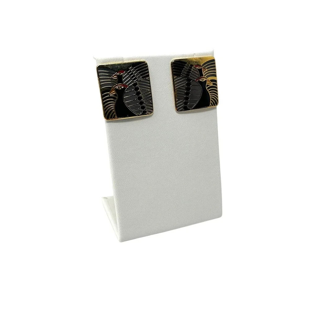 VTG Laurel Burch Moondoves Square‎ Enamel Bird Earrings Gold Tone Studs